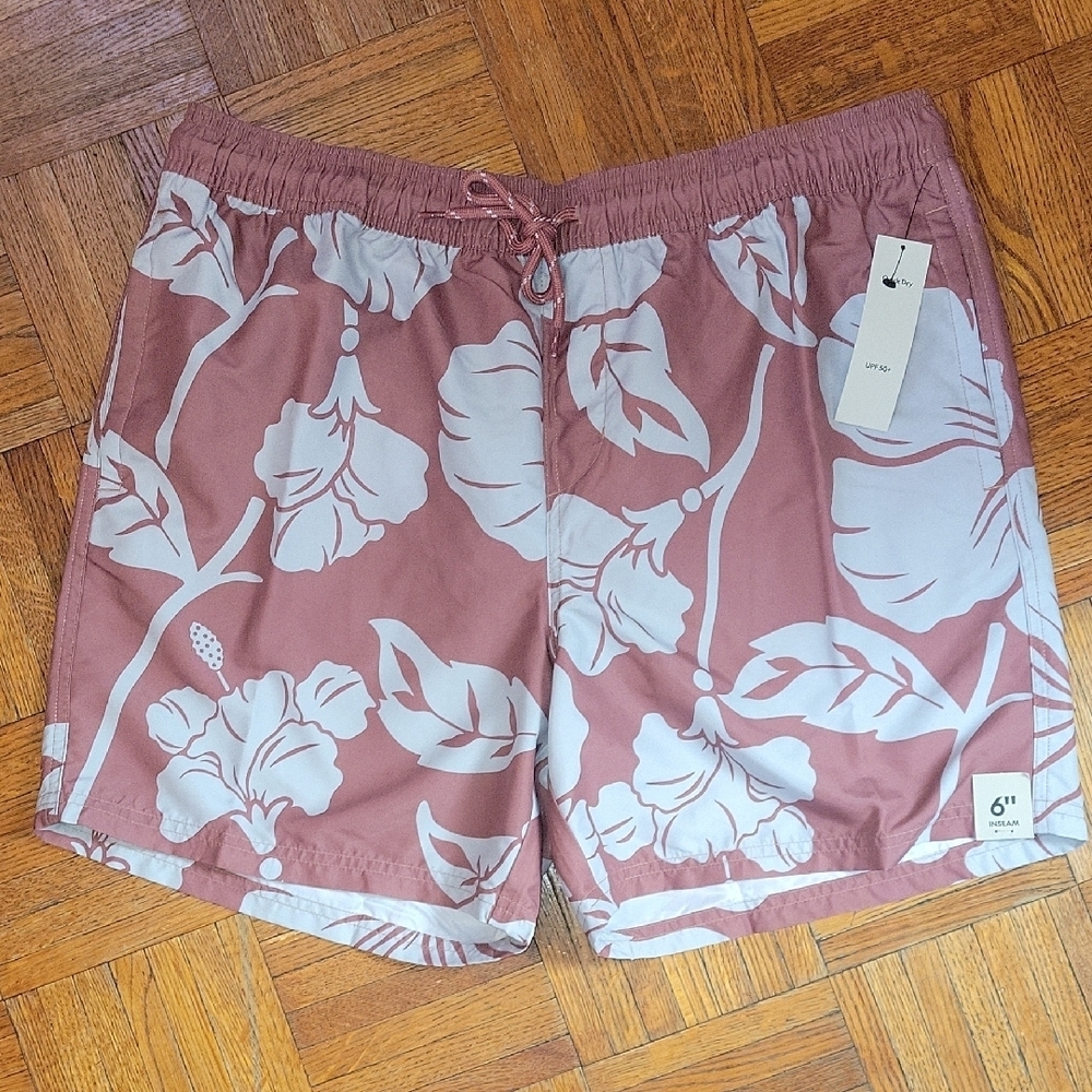 No Boundaries Mauve Floral Men's Swim Trunks Size Large 36-38 Nwt